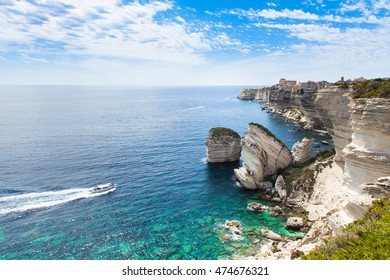 View of Bonifacio old town built on top of cliff rocks, Corsica island, France