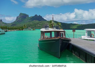 View From Bora Bora French Polynesia Airport Of Boats, Lagoon, Volcanic Mountain And Island