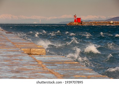 View of the Bora wind from Audace pier called Molo Audace, Trieste  - Shutterstock ID 1939707895