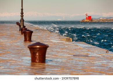 View of the Bora wind from Audace pier called Molo Audace, Trieste  - Shutterstock ID 1939707898