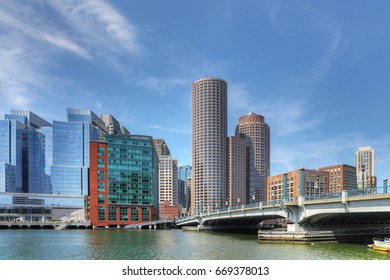A View Of The Boston Harbor Skyline On A Sunny Day