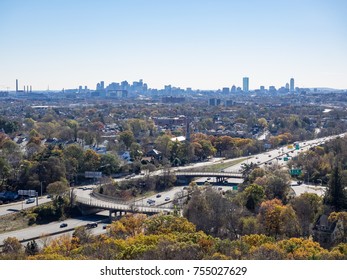 View Of The Boston Skyline From Middlesex Fells (Melrose, MA) With Fall Foliage.