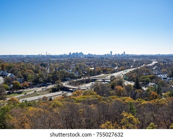 View Of The Boston Skyline From Middlesex Fells (Melrose, MA) With Fall Foliage.