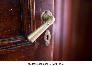 View Of Brass Handle Of Old Wooden Door