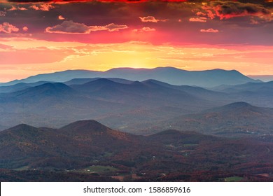 View From Brasstown Bald, Georgia, USA Of The Blue Ridge Mountains In Autumn At Dusk.