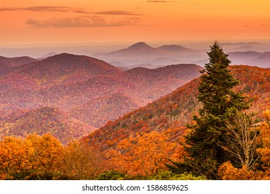 View From Brasstown Bald, Georgia, USA Of The Blue Ridge Mountains In Autumn At Dusk.