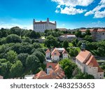 View of Bratislava Castle from Historic Old Town. The Bratislava Castle sits high above the Slovakian capital city of Bratislava and the Danube River. 