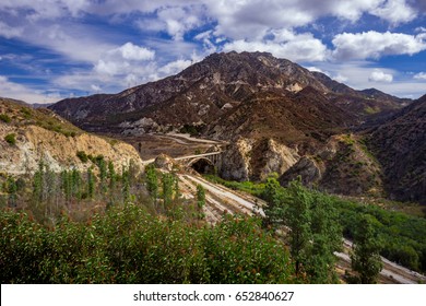 View of The Bridge to Nowhere set against the San Gabriel Mountains in Angeles National Forest, California