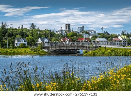 View of bridge over Ellidaar river in Reykjavik, Iceland, on nice summer day; flowers in foreground and city buildings and sky in background