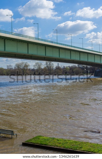 View of the Mülheim Bridge, the River Rhine and\
Flood in Cologne Germany in\
2019.