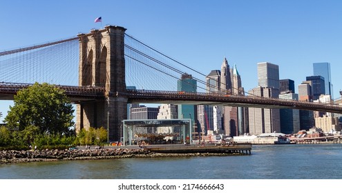 View of the Brooklyn Bridge with lower Manhattan in the distance