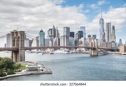 View of Brooklyn Bridge and Manhattan skyline - New York City downtown, photographed from Manhattan Bridge - Shutterstock ID 327064844