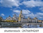 View of Bruhl Terrace from the other side of the Elbe river, Dresden, Saxony, Germany