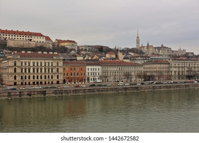 A view of the Buda side of the city of Budapest, along the river Danube, between the Széchenyi and Margaret bridges. (Shot taken from the Széchenyi bridge).