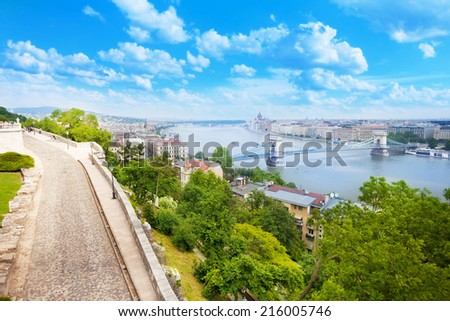 View of Budapest over Danube and Chain bridge from Buda castle hill in summer in Budapest, Hungary