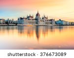 View of Budapest parliament at sunset, Hungary