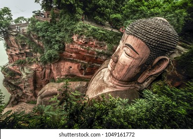 View of the Buddha statue in Leshan, China. Leshan Buddha is the world's largest statue of Buddha, whose height is 71 meters.