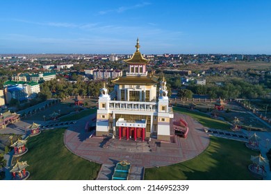 View of the Buddhist temple "The Golden Abode of Buddha Shakyamuni" on a September morning (aerial view). Elista, Republic of Kalmykia. Russian Federation