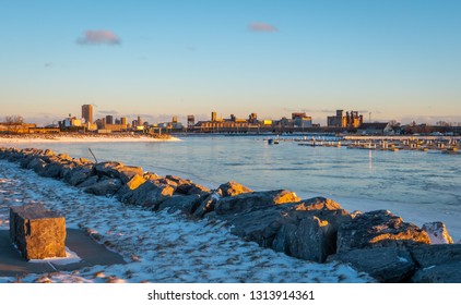 View Of Buffalo From The Small Boat Harbor During Sunrise In A Cold Winter Day.  Buffalo, New York, USA, February 9th 2019 