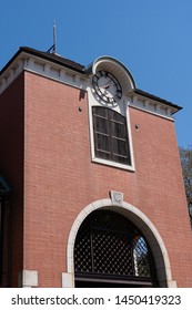 a view of a building with clock