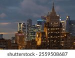 View of the building of the Ministry of Foreign Affairs of the Russian Federation and the Moscow City business center on an autumn evening at sunset. Famous tourist spots. Moscow, Russia