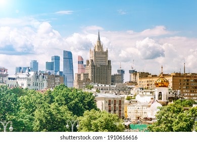 View of the building of the Ministry of Foreign Affairs of the Russian Federation and the Moscow City business center on a sunny day. Famous tourist places. Moscow, Russia - July 23, 2020