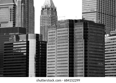 View of buildings from Brooklyn Bridge, New York. Black and white scene.