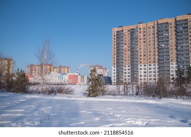 View of the buildings in the new quarter in winter, Voronezh, Russia.