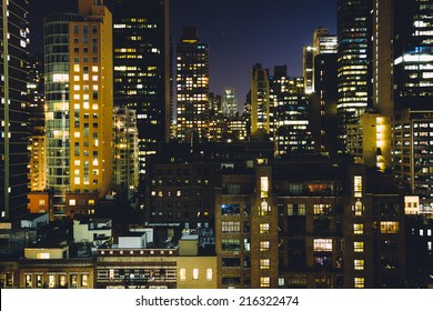 View Of Buildings In The Turtle Bay Neighborhood At Night, From A Rooftop On 51st Street In Midtown Manhattan, New York.