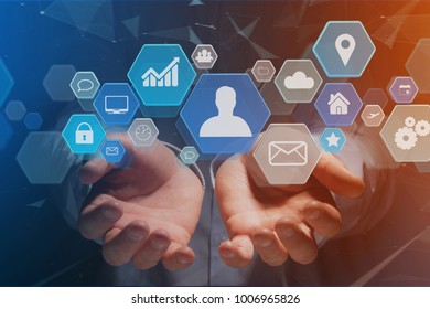 View of a Business network application displayed on a futuristic interface - Shutterstock ID 1006965826