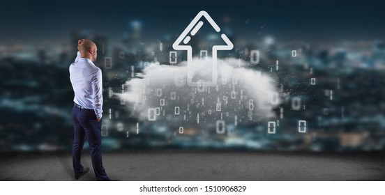 View of a Businessman in front of a Binary cloud with upload internet arrow 3d rendering