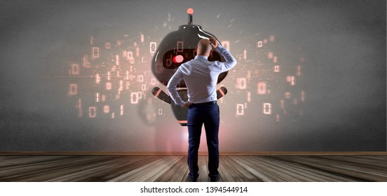 View of Businessman in front of a wall with Virus chatbot with binary code 3d rendering