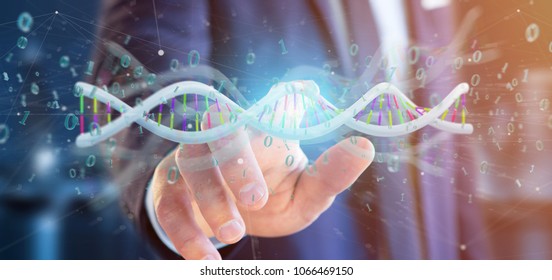 View of a Businessman holding a 3d rendering data coded Dna with binary file around