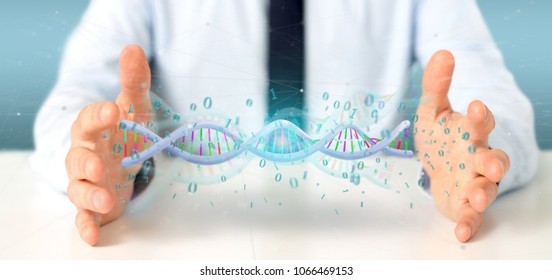 View of a Businessman holding a 3d rendering data coded Dna with binary file around