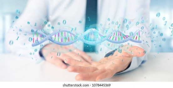 View of a Businessman holding a 3d rendering data coded Dna with binary file around