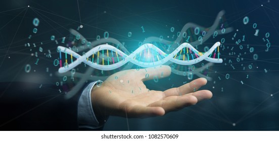 View of a Businessman holding a 3d rendering data coded Dna with binary file around