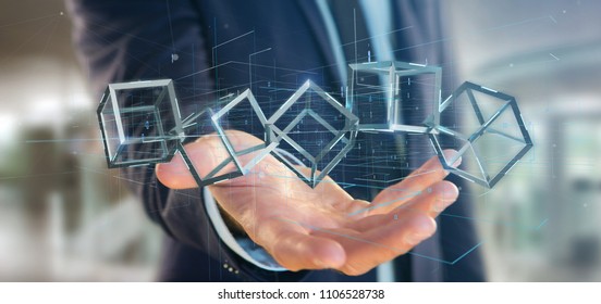 View of a Businessman holding a 3d rendering blockchain cube isolated on a background