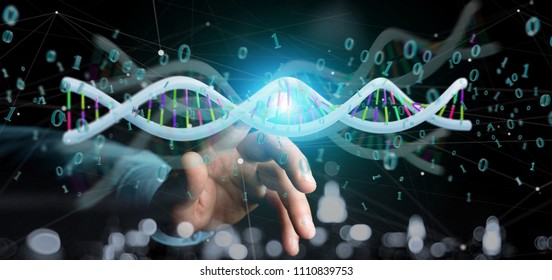 View of a Businessman holding a 3d rendering data coded Dna with binary file around