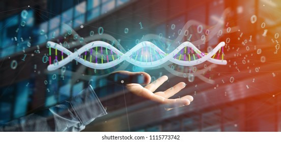 View of a Businessman holding a 3d rendering data coded Dna with binary file around