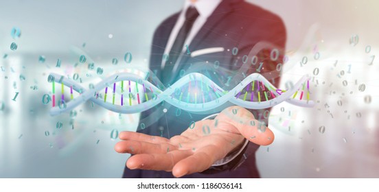 View of a Businessman holding a 3d rendering data coded Dna with binary file around