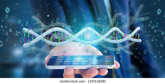 View of a Businessman holding a 3d rendering data coded Dna with binary file around