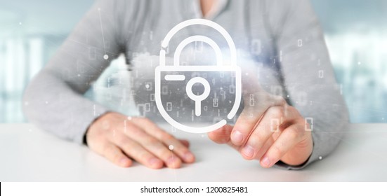 View of a Businessman holding a Binary cloud with internet security padlock 3d rendering