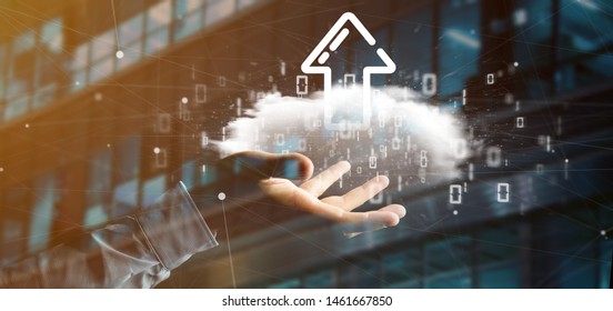 View of a Businessman holding a Binary cloud with upload internet arrow 3d rendering