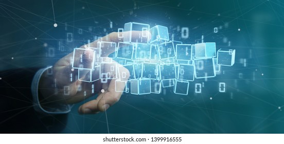 View of a Businessman holding a Cloud of blockchain cube and binary data 3d rendering