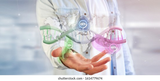 View of a Businessman holding a DNA over a world map with geographic localization - genealogy concept - 3d rendering - Shutterstock ID 1614779674