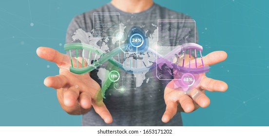 View of a Businessman holding a DNA over a world map with geographic localization - genealogy concept - 3d rendering - Shutterstock ID 1653171202