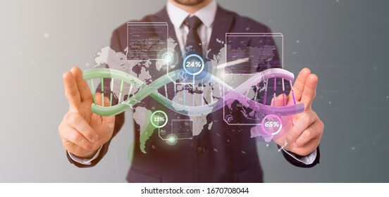 View of a Businessman holding a DNA over a world map with geographic localization - genealogy concept - 3d rendering - Shutterstock ID 1670708044