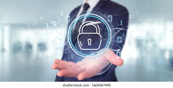 View of Businessman holding Security padlock wheel icon with stats and binary code 3d rendering