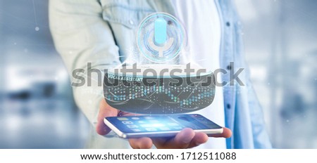 View of a Businessman holding a vocal assistant and wave equaliser - 3d rendering