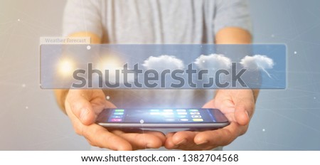 View of a Businessman holding a Weather Forecast widget 3d rendering